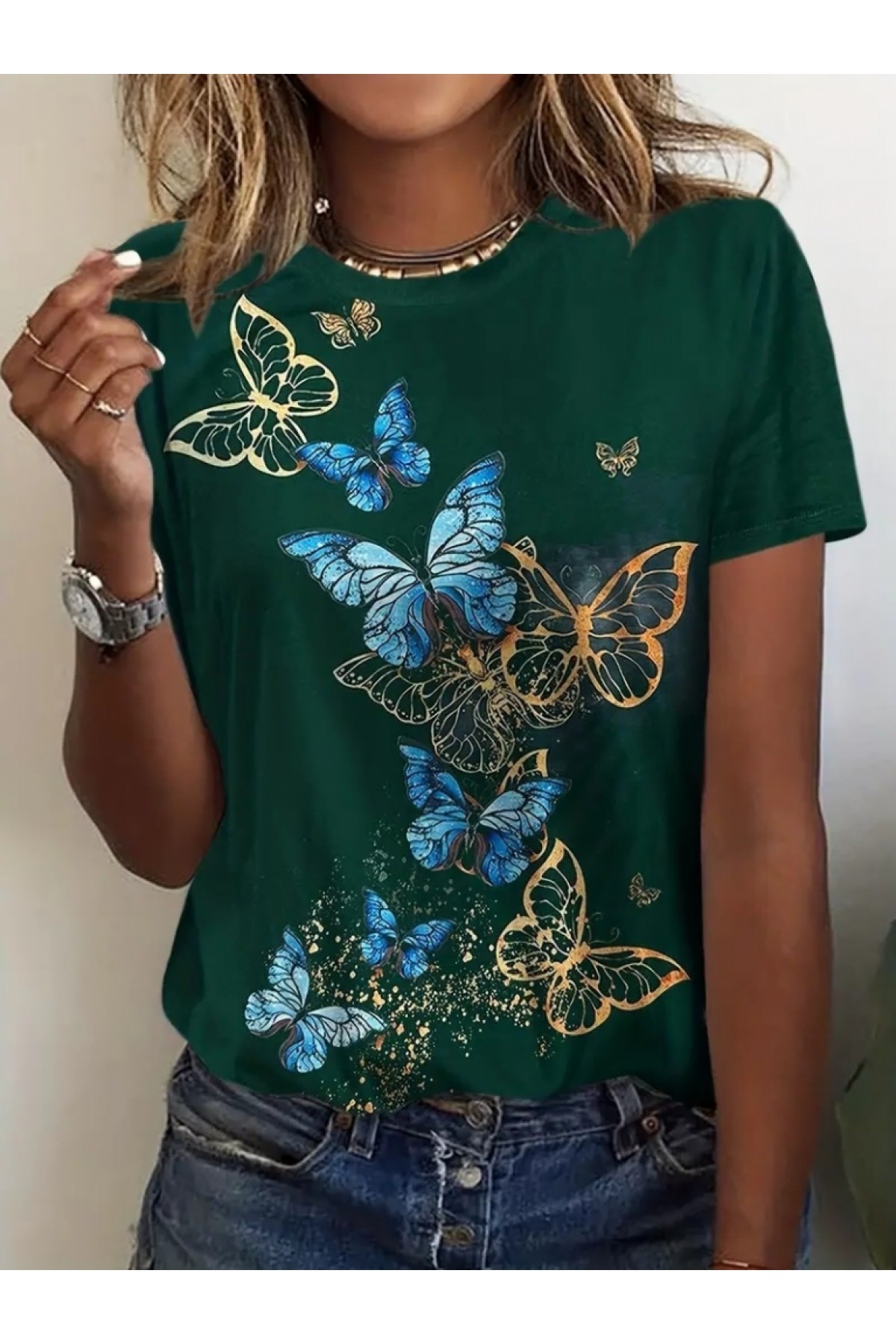 Women's Short Sleeve Blue Yellow Butterfly Printed Jersey Blouse, 23801
